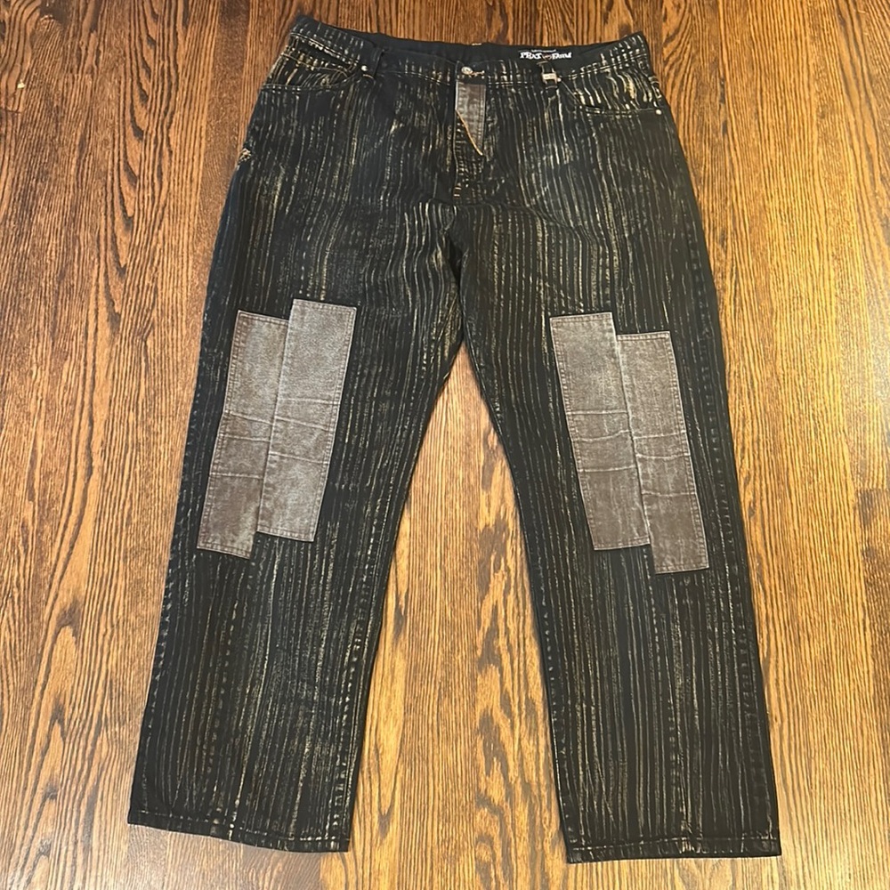Men's Black Pinstripe Jeans with Gray Knee Patches